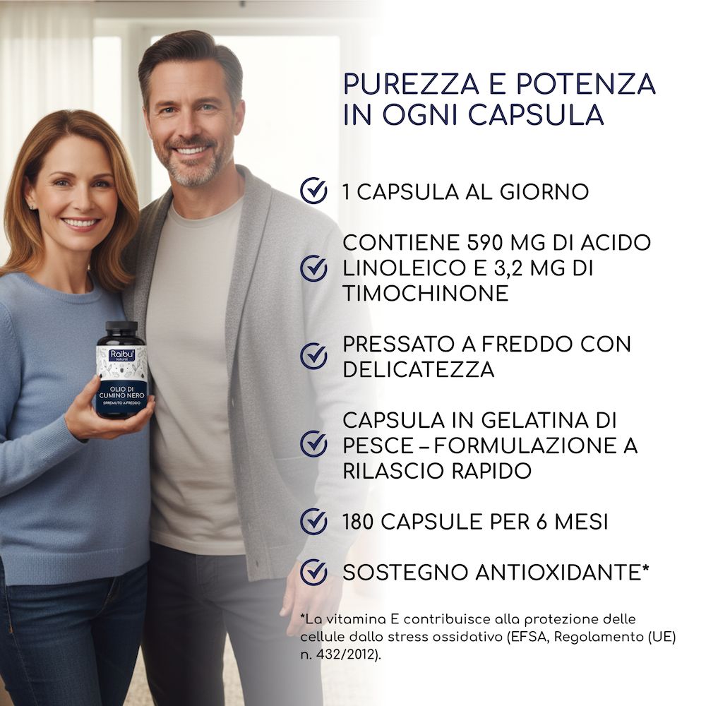 Un uomo e una donna tengono in mano un flacone. Testo: 1 capsula al giorno. Contiene acido linoleico e timochinone. 180 capsule.