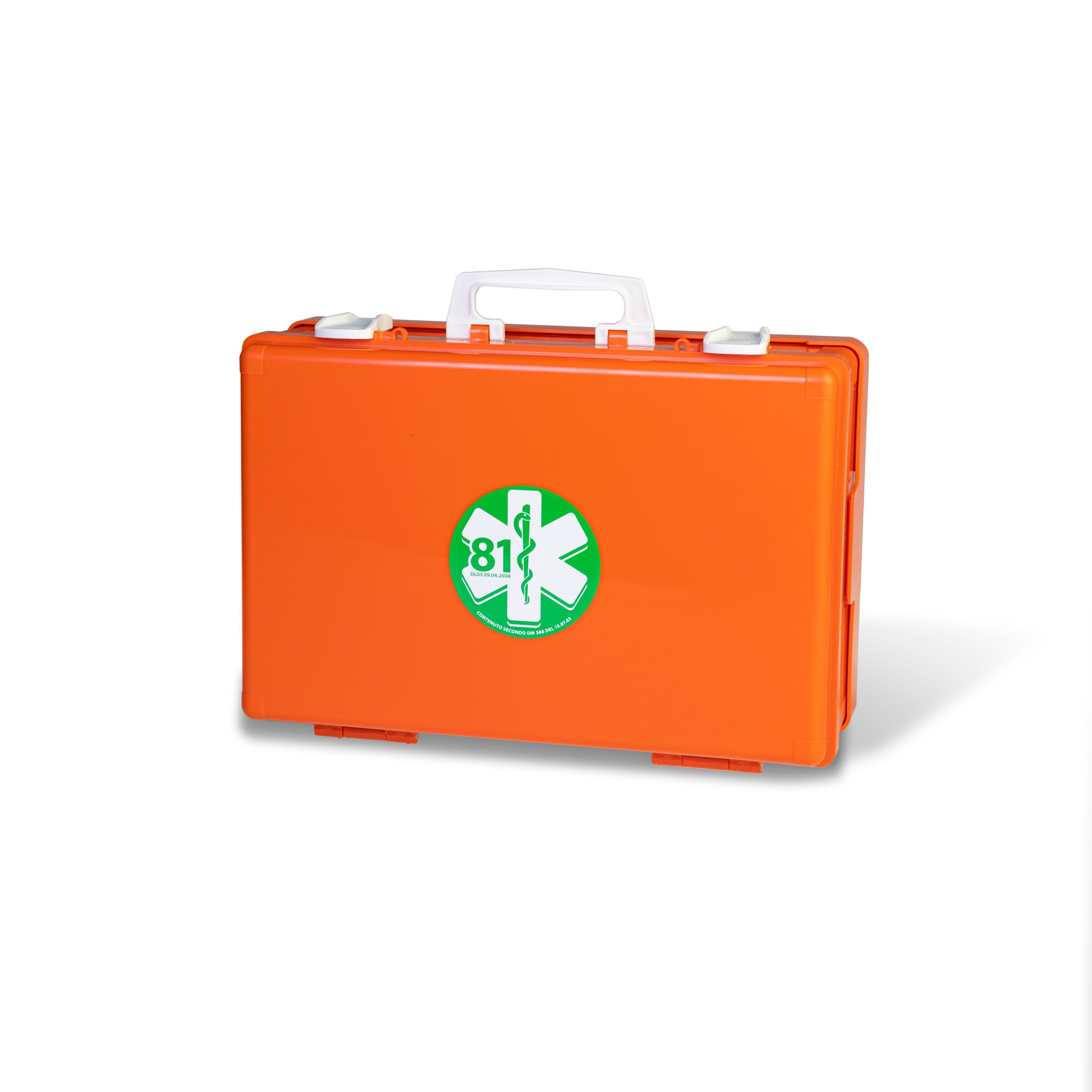 Valigetta di pronto soccorso arancione, maniglia bianca, simbolo medico verde. Chiusa, rettangolare.