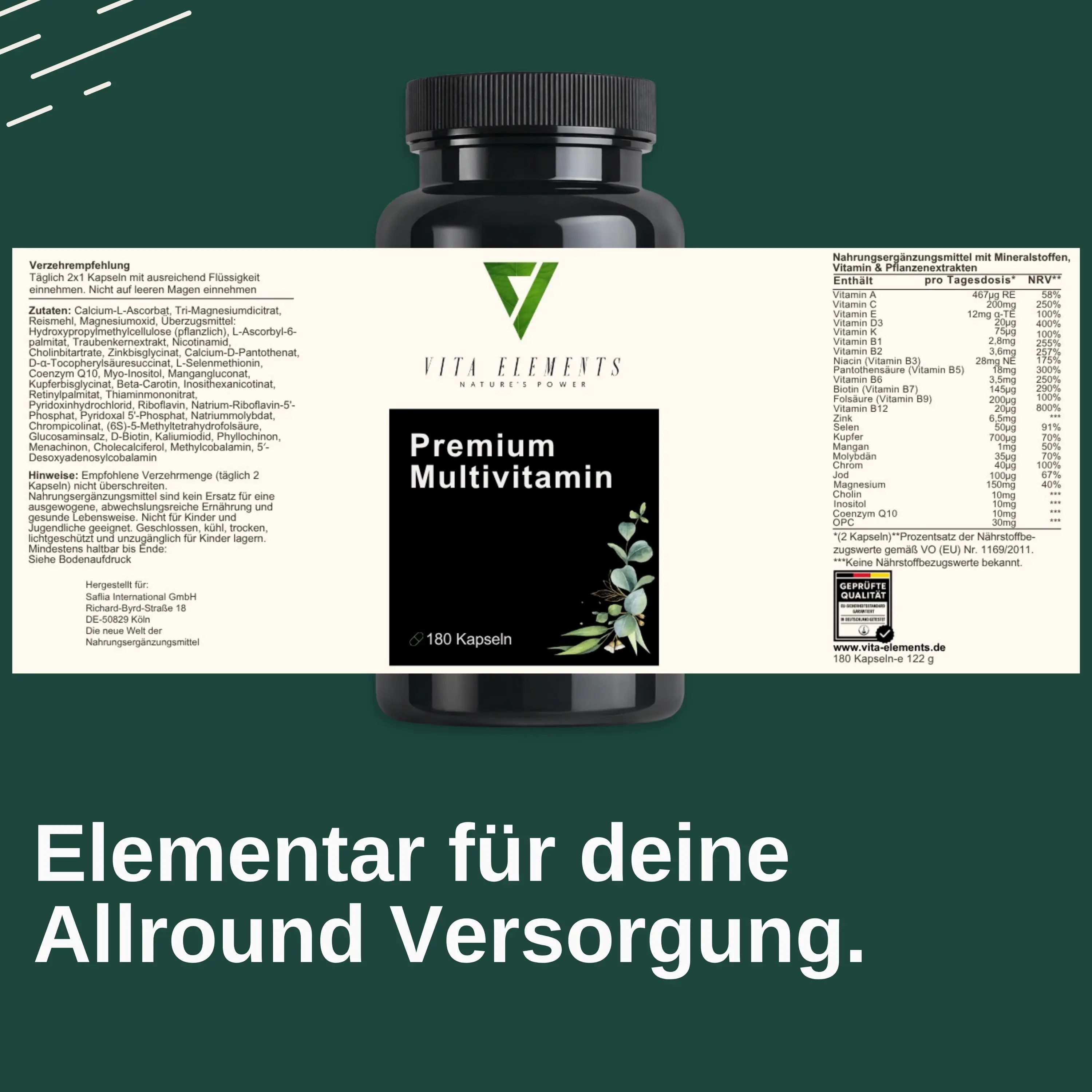 Retro della confezione Vita Elements Premium Multivitamin con informazioni nutrizionali e sigillo.