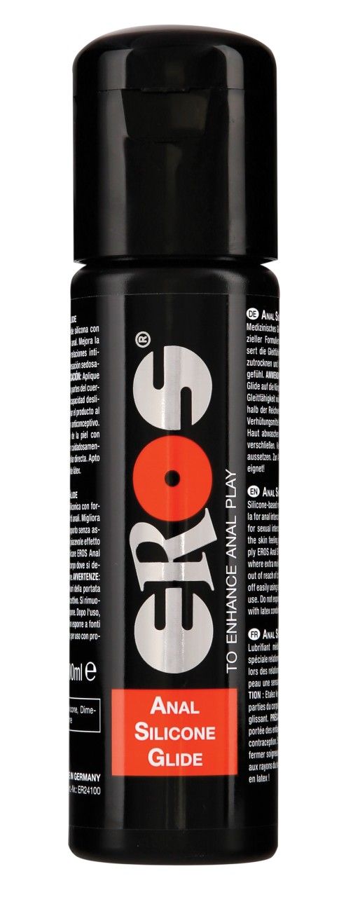 Flacone nero con scritta EROS Anal Silicone Glide.