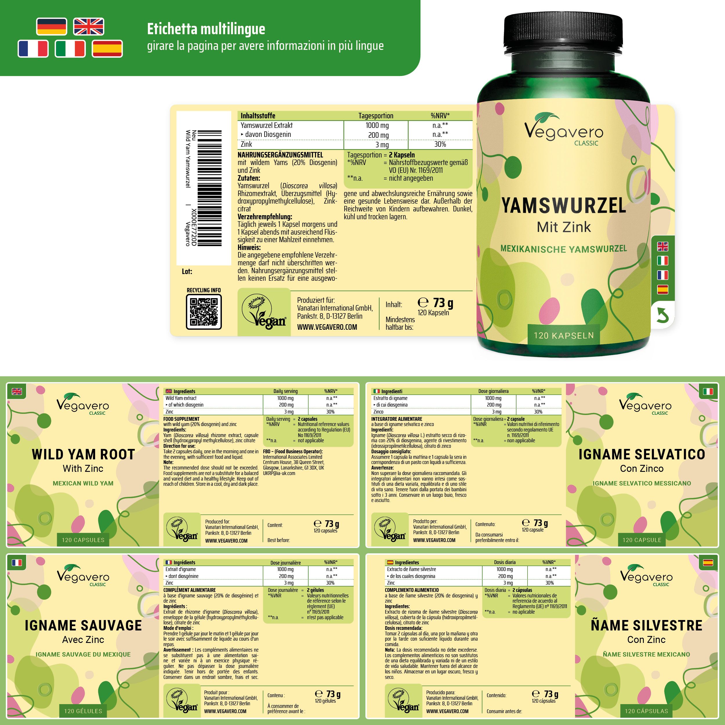 Confezione con etichetta multilingue e barattolo Vegavaro Wild Yams + Zink.