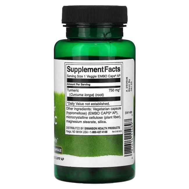 Retro del flacone verde. Contiene informazioni nutrizionali e lista ingredienti. Testo: Turmeric 750 mg.