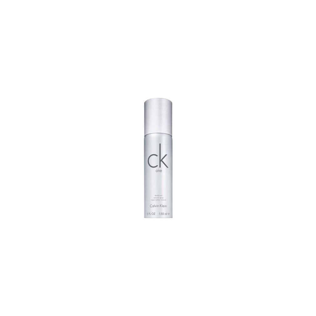 Flacone spray deodorante argento Calvin Klein. Scritta 'ck one' e '5 FL OZ 150 ml'.