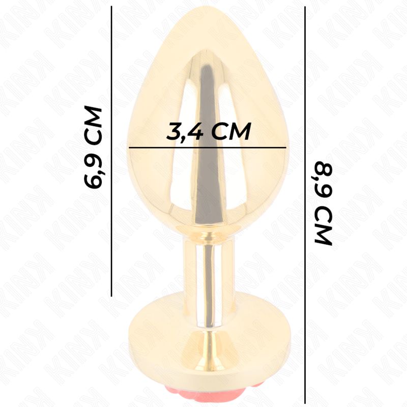 Dimensioni di un plug anale dorato con rosa rossa: lunghezza 8,9 cm, larghezza 3,4 cm.