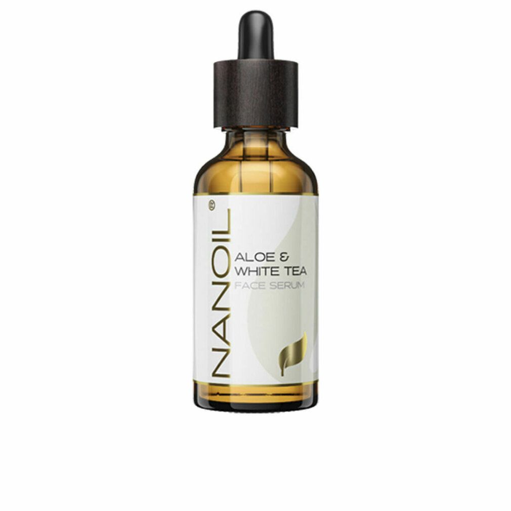 Flacone di vetro marrone con pipetta. Scritta: NANOIL Aloe & White Tea Face Serum. Etichetta bianca con logo dorato.
