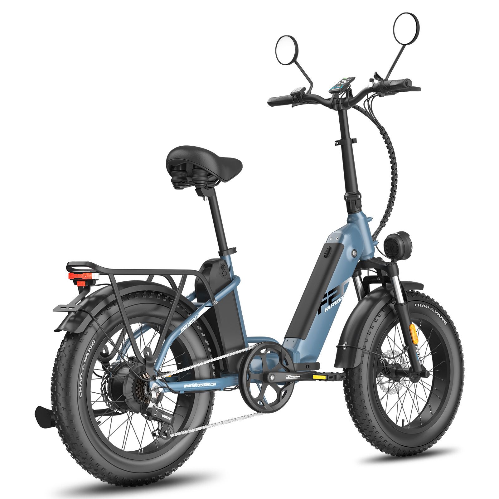 E-bike blu Fafrees FF20 Polar con doppia batteria. Pneumatici, sella e portapacchi neri. Fanale posteriore.