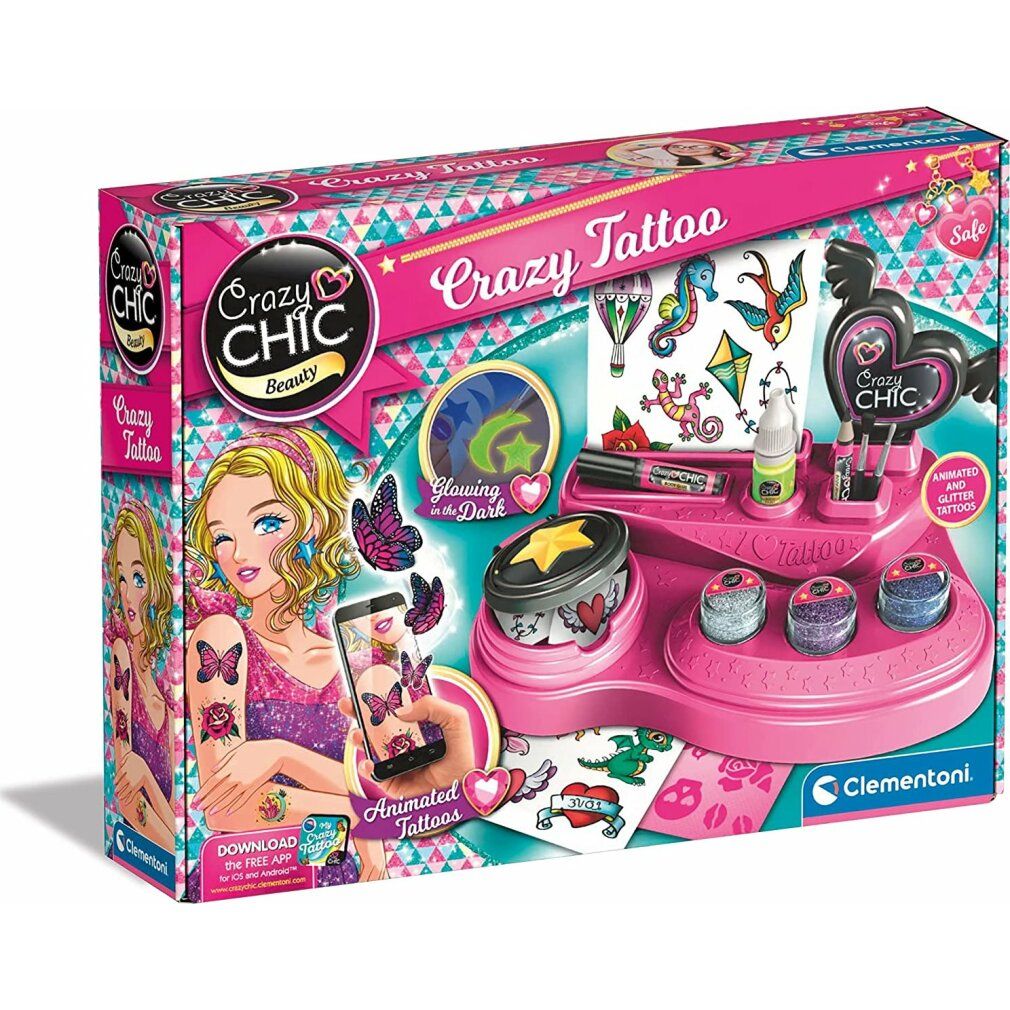 Confezione di Crazy Chic Crazy Tattoo. Set rosa con accessori, glitter, stencil e adesivi. Clementoni.