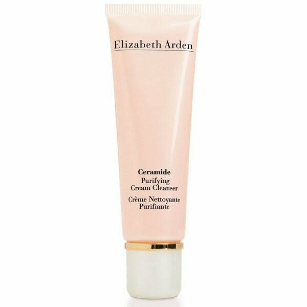 Tubo bianco/rosa con nome del prodotto e del marchio. Testo: Ceramide Purifying Cream Cleanser. Marchio: Elizabeth Arden.