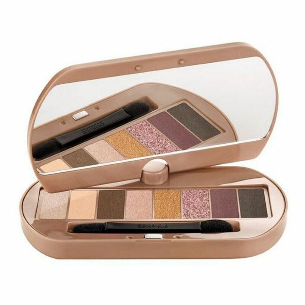 Palette ombretti con specchio e applicatore. Otto tonalità nude. Aperta, con coperchio e specchio.