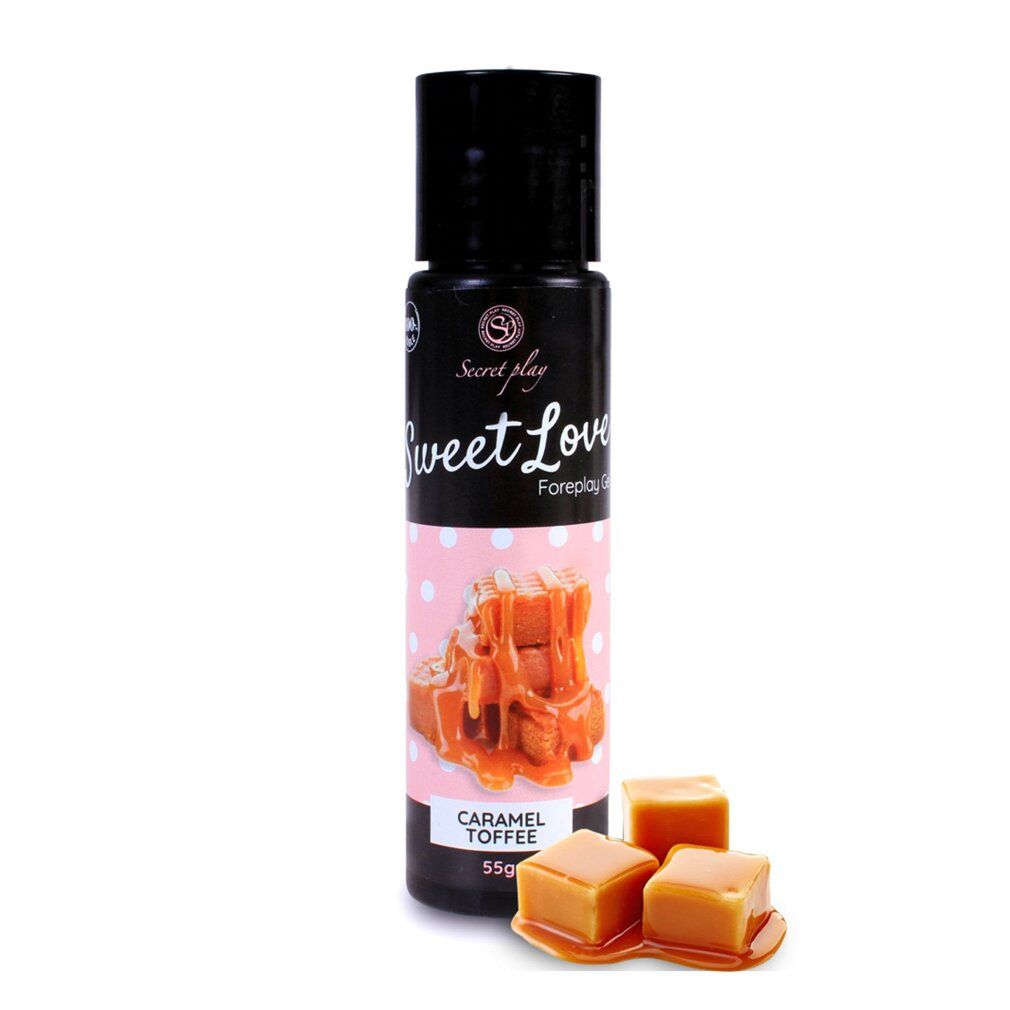 Flacone nero con etichetta. Scritta: Sweet Love Foreplay Gel. Illustrazione di caramello mou. 55g. Tre caramelle mou.