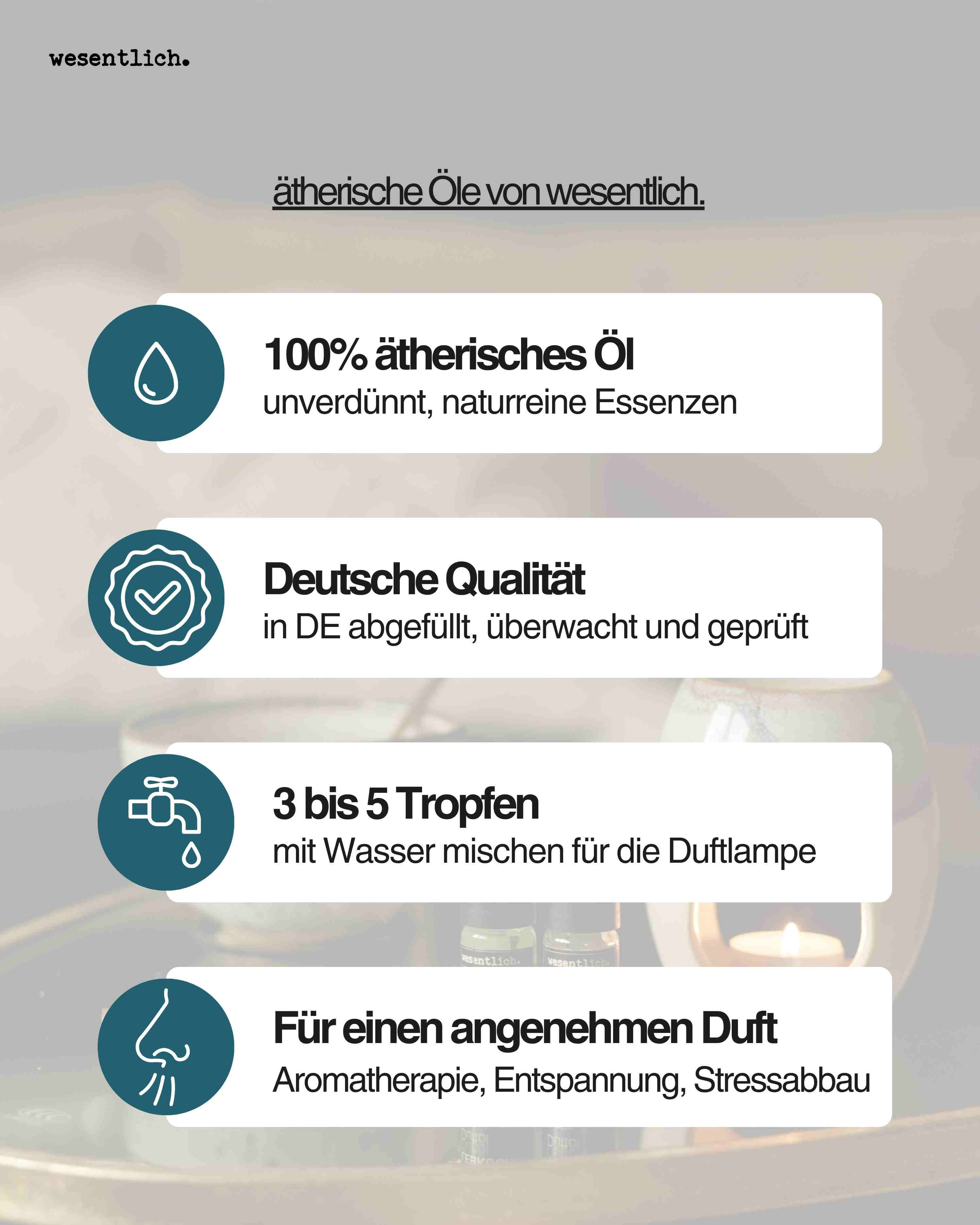 100% olio essenziale, qualità tedesca, 3-5 gocce per diffusore, per un profumo gradevole.
