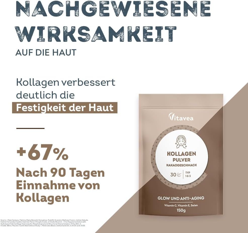 Busta beige di Vitavea Kollagenpulver al gusto cacao. +67% dopo 90 giorni di assunzione di collagene.