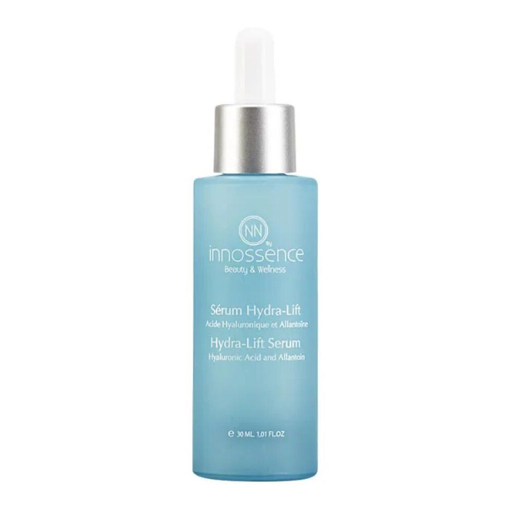 Flacone di siero blu con tappo argentato e pipetta. Scritta: Innossence, Hydra-Lift Serum. 30 ml.
