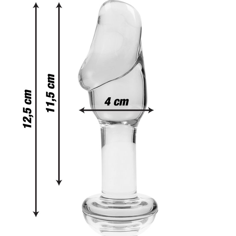 Spina anale in vetro borosilicato, lunga 12,5 cm, larga 4 cm.