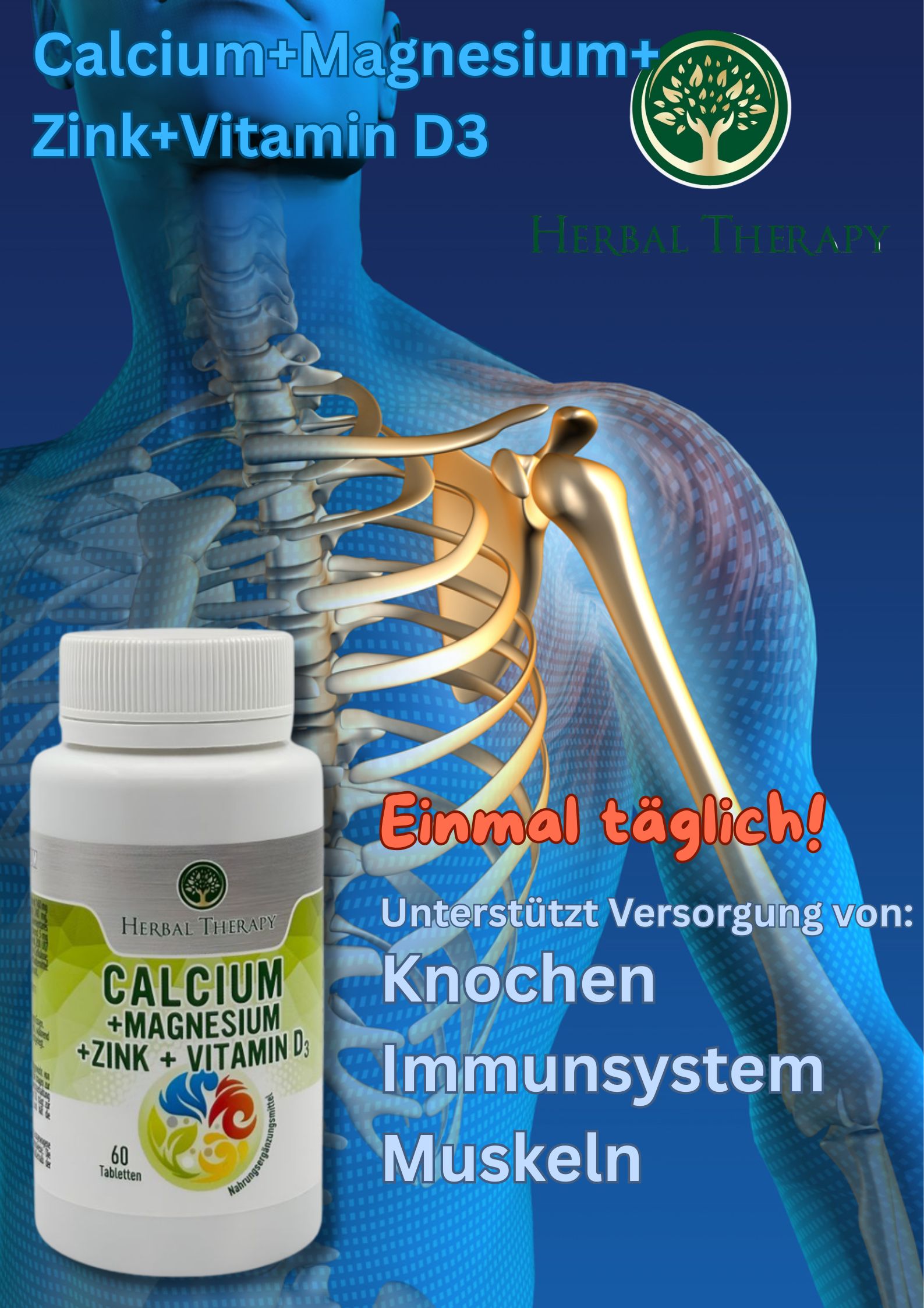 Immagine pubblicitaria. Scheletro con flacone. Scritta: Calcio + Magnesio + Zinco + Vitamina D3. Logo: albero in cerchio. Testo: Una volta al giorno! Supporta ossa, sistema immunitario, muscoli.