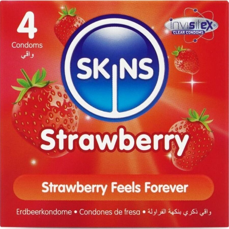 Confezione da 4 preservativi Skins Strawberry. Scatola rossa con motivo fragola e informazioni sul prodotto.