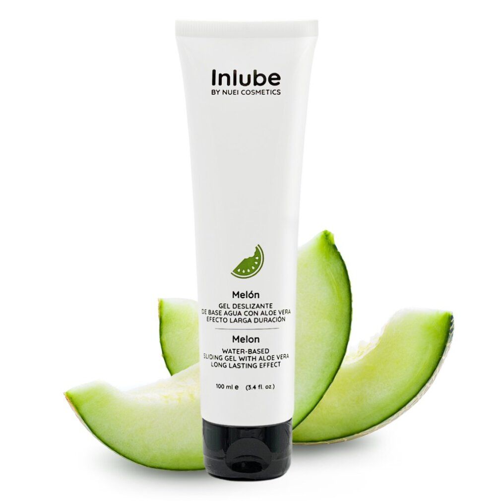 Tubo bianco con tappo nero, fette di melone. Scritta: Inlube, Melon, gel lubrificante all'aloe vera.