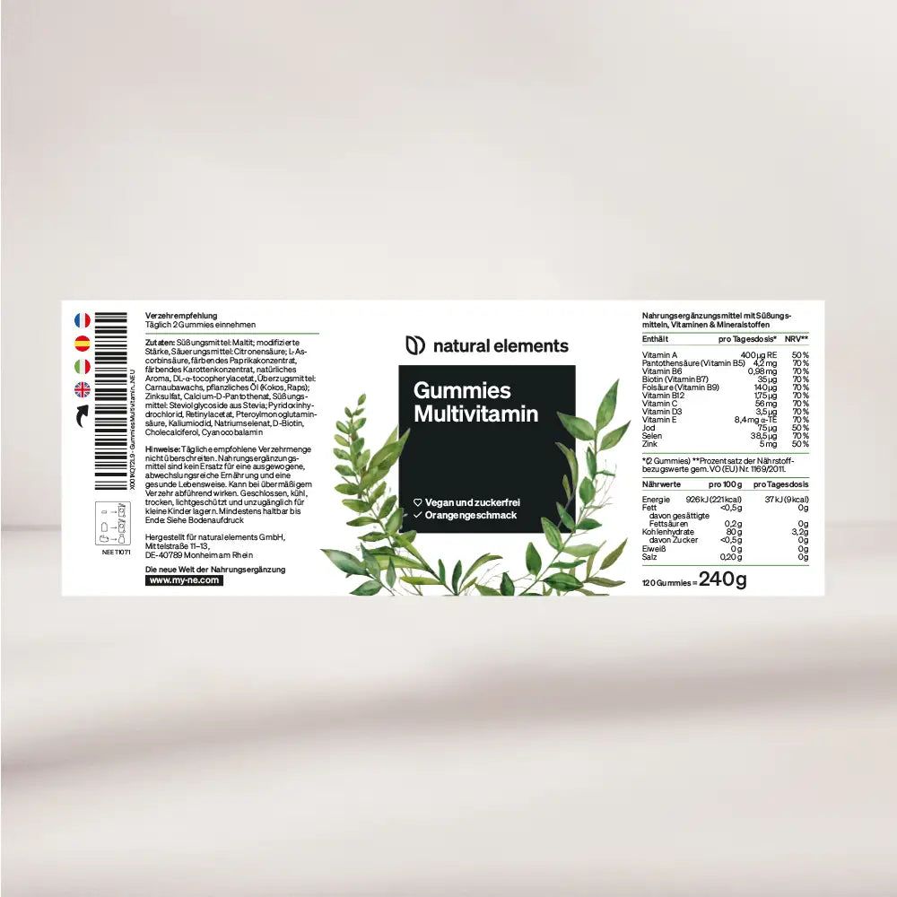 Etichetta con informazioni su "natural elements Gummies Multivitamin". Contiene valori nutrizionali e ingredienti.