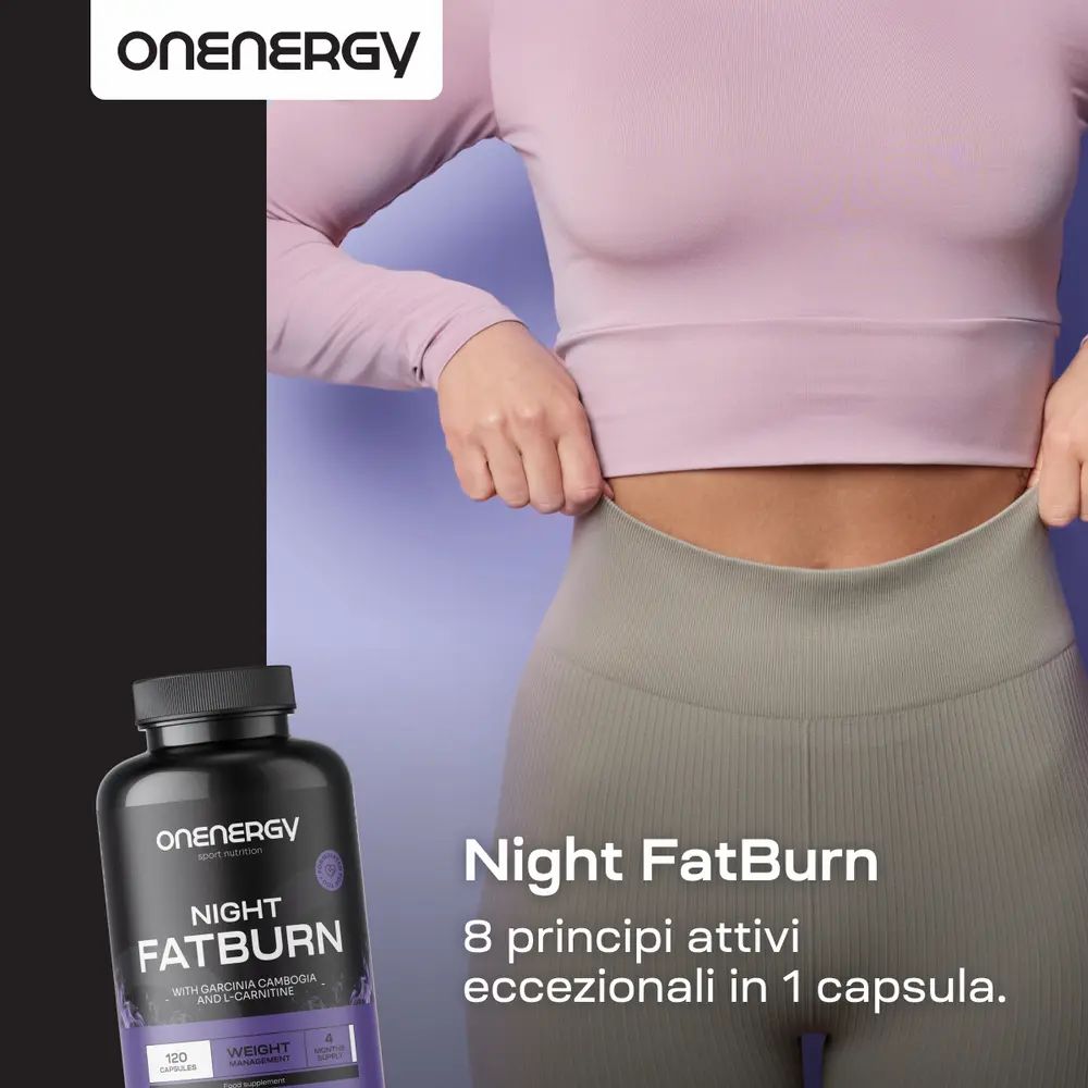 Donna in abbigliamento sportivo. Flacone Night FatBurn. Testo: Night FatBurn. 8 principi attivi in 1 capsula.