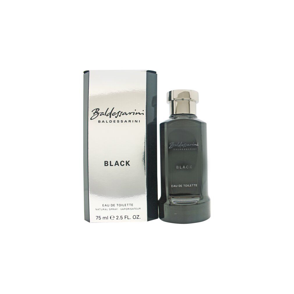 Flacone e confezione neri. Scritta "Baldessarini Black". "Eau de Toilette" e indicazione del volume.