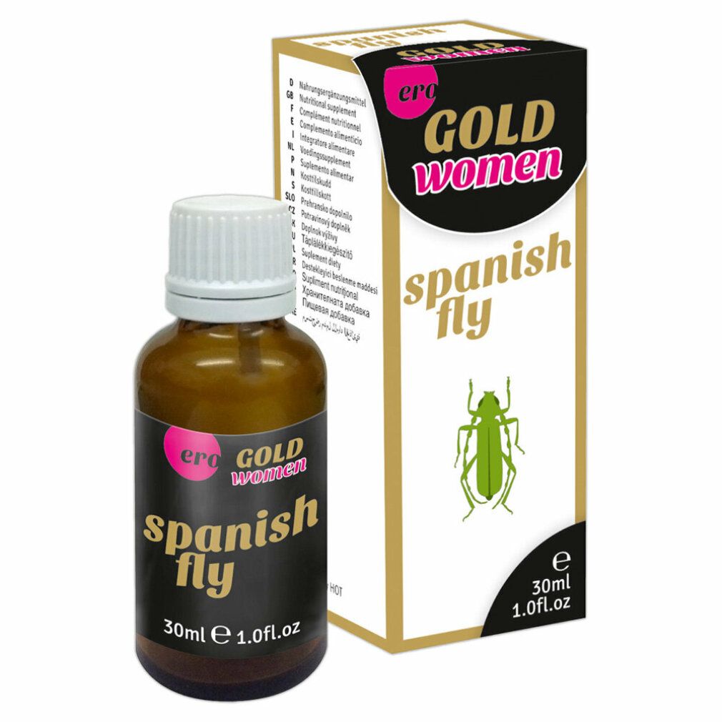 Flacone di vetro marrone e scatola. Scritta: Spanish Fly, Gold Women, 30ml. Con insetto verde.