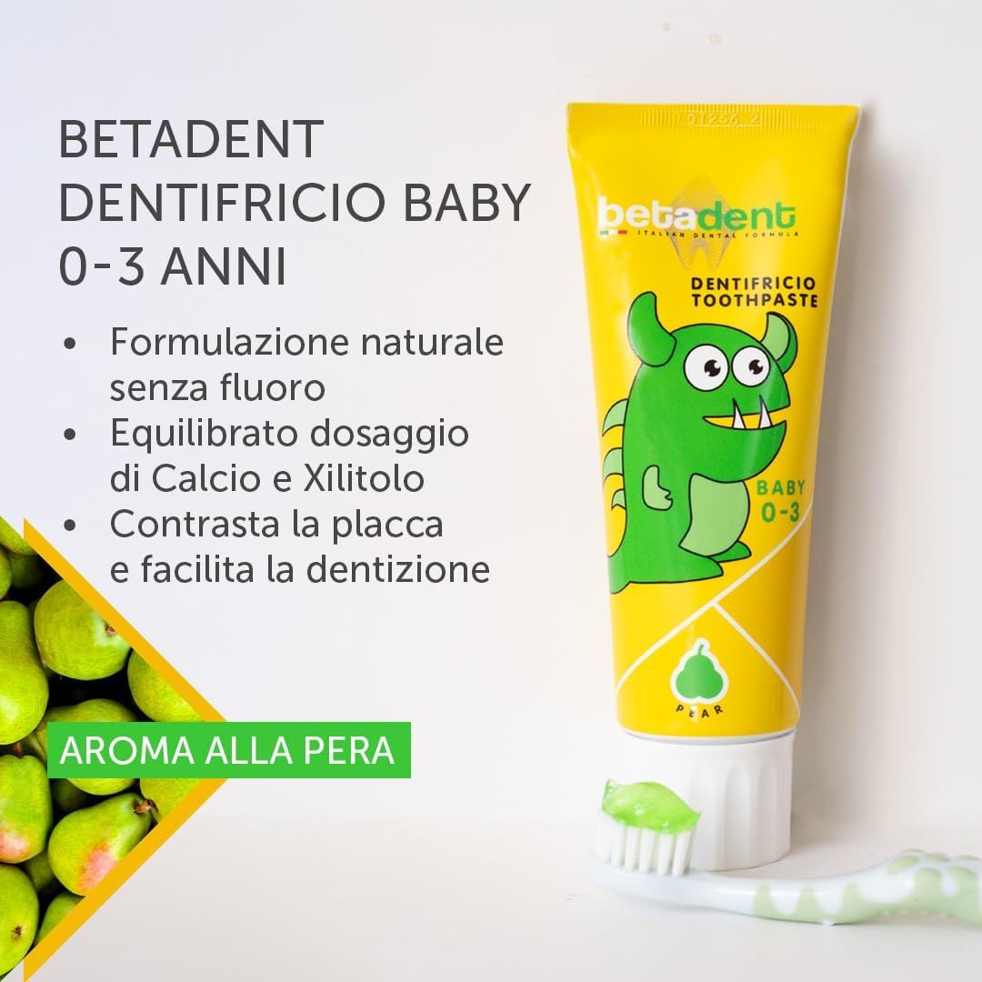 BETADENT - Dentifricio Baby - Bambini da 0 a 3 anni - No Fluoro - Gusto Pera - Antiplacca