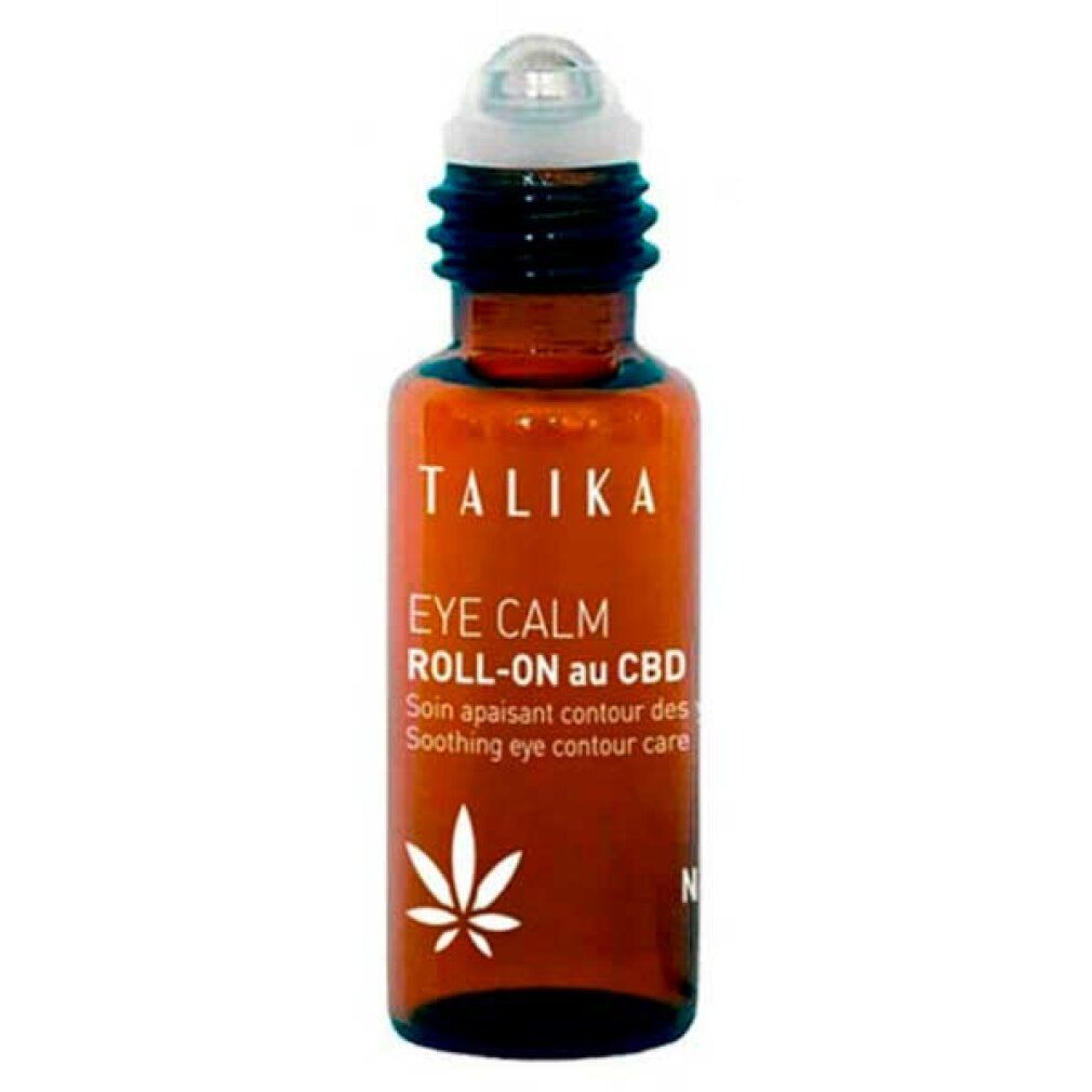 Flacone di vetro marrone con applicatore roll-on. Scritta: TALIKA EYE CALM ROLL-ON au CBD. Simbolo foglia di cannabis.