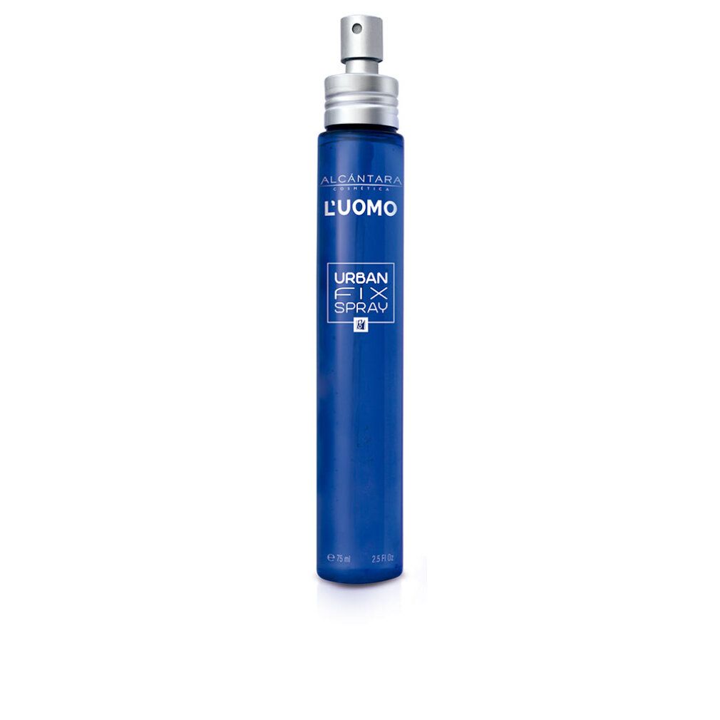 Spray blu con vaporizzatore argentato. Scritta: L'UOMO, URBAN FIX SPRAY. Scritta: ALCANTARA PROFUMERIE.