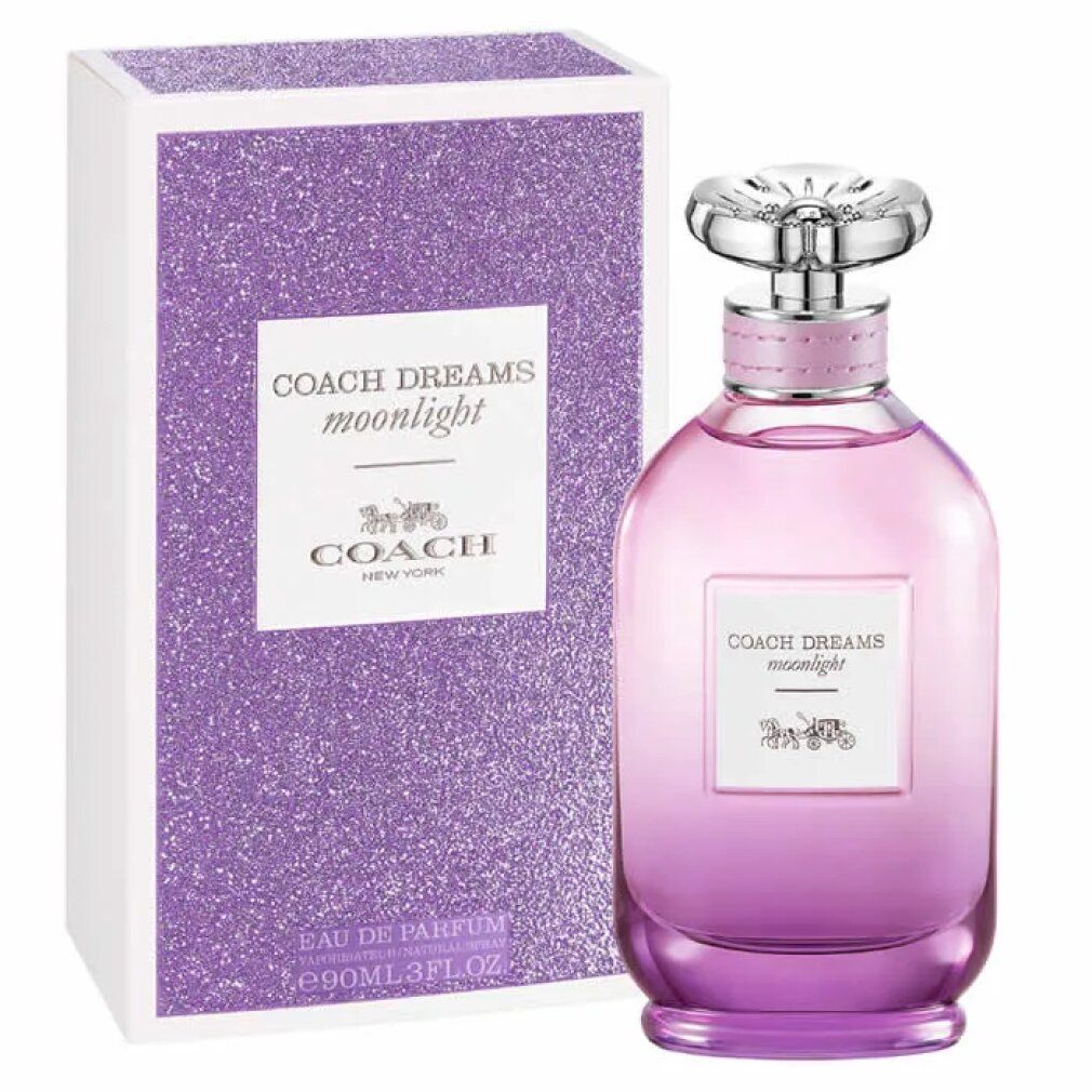 Flacone e scatola. Flacone rosa-viola, tappo argentato. Scatola glitterata, testo: Coach Dreams Moonlight.