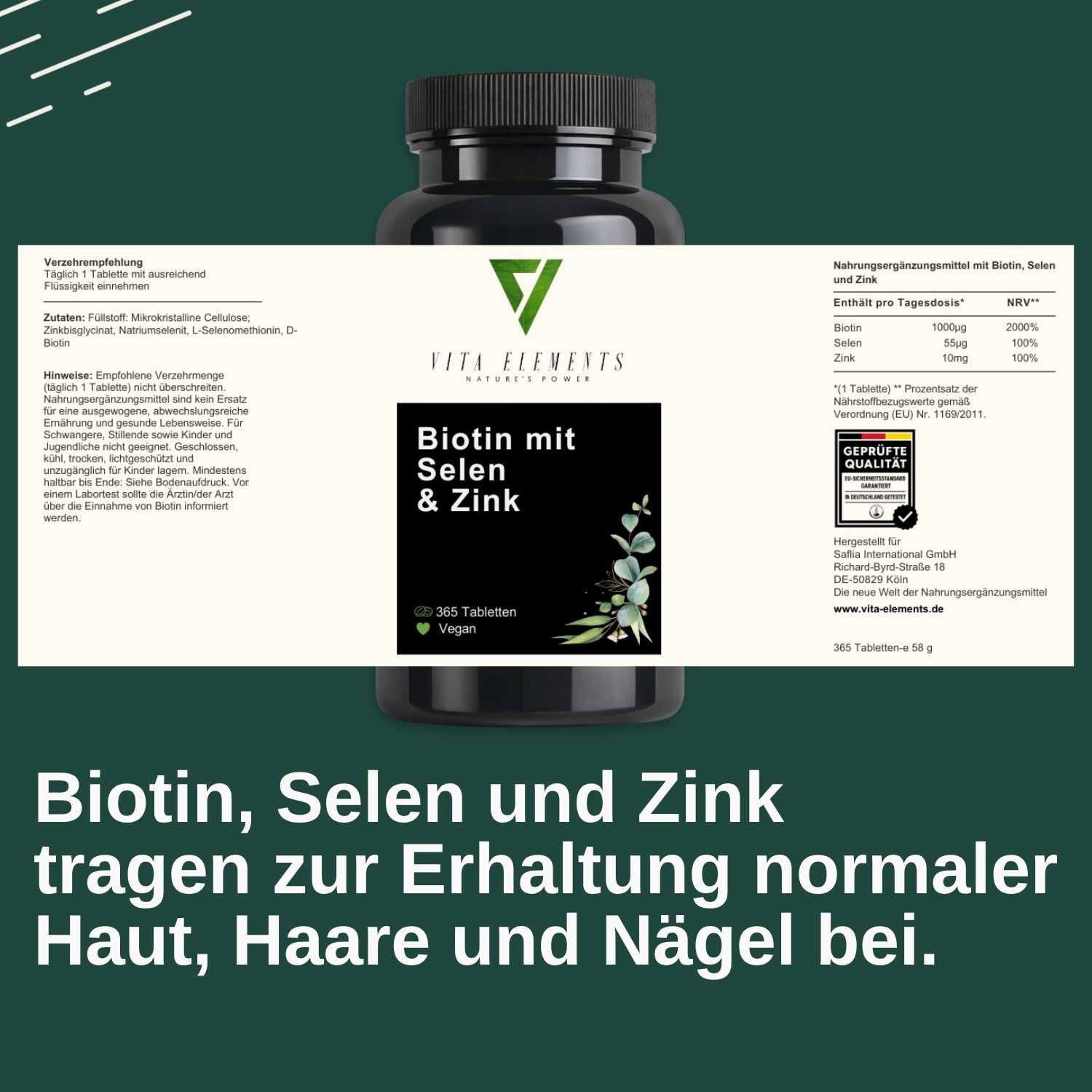 Flacone Vita Elements Biotina con Selenio e Zinco, 365 compresse vegane.