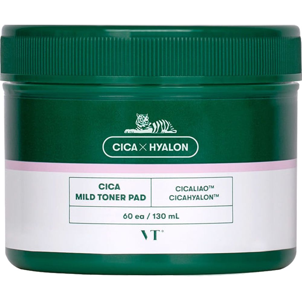 Barattolo verde con coperchio. Scritta: CICA x HYALON, CICA Mild Toner Pad, 60 ea / 130 mL. Marchio: VT.