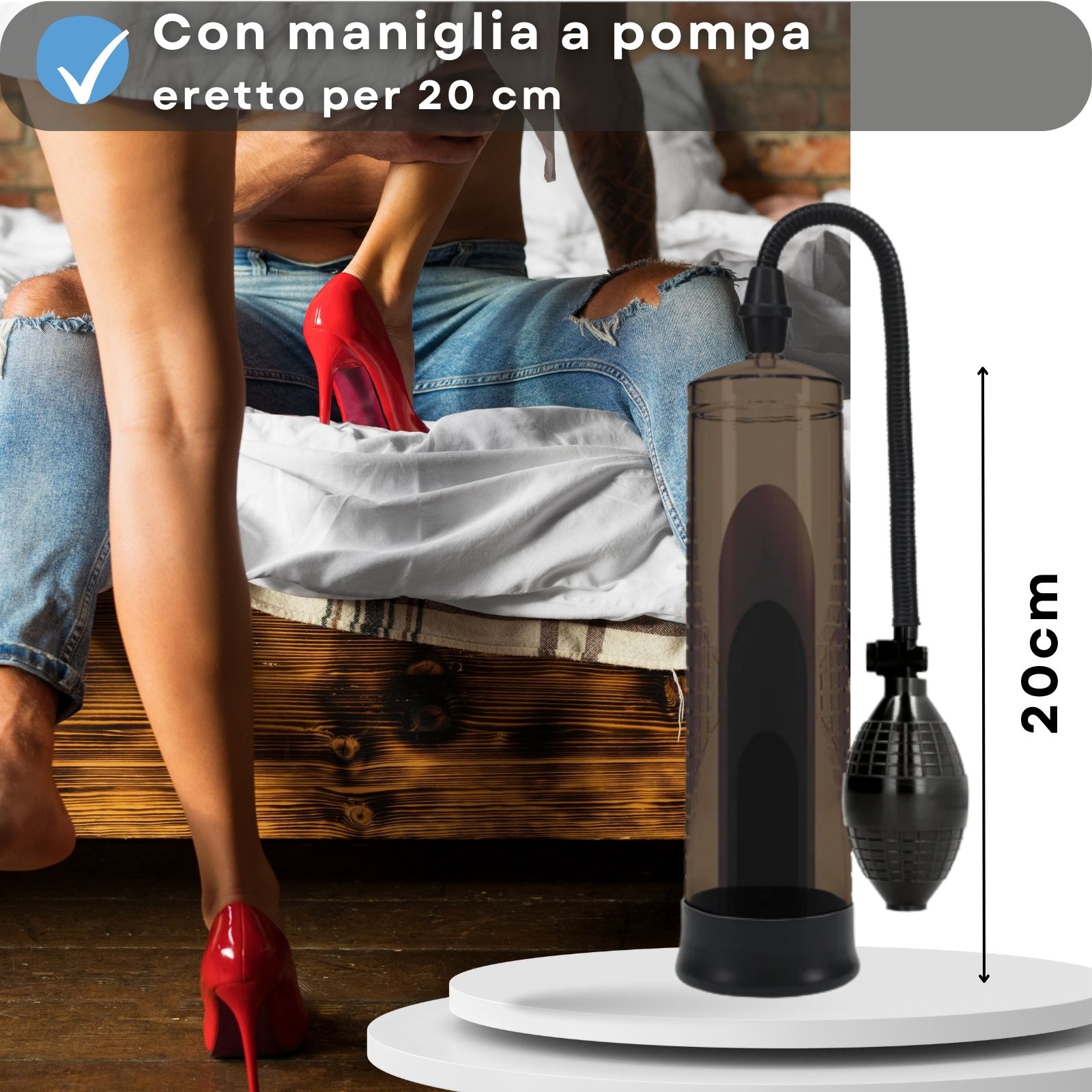 Pompa con cilindro, bulbo e tubo. Donna e uomo. Testo: Con maniglia a pompa eretto per 20 cm.
