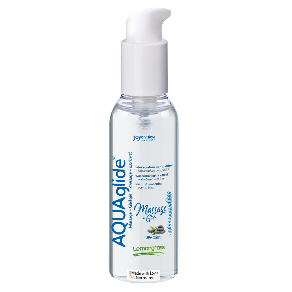 Flacone trasparente con dosatore bianco. Scritta: AQUAglide Massage + Glide, Lemongrass. Prodotto in Germania.