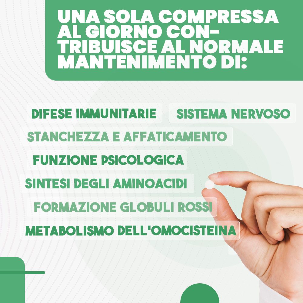 Mano che tiene una compressa. Testo: "UNA SOLA COMPRESSA AL GIORNO CON-TRIBUSCE AL NORMALE MANTENIMENTO DI:" ed elenco dei benefici.