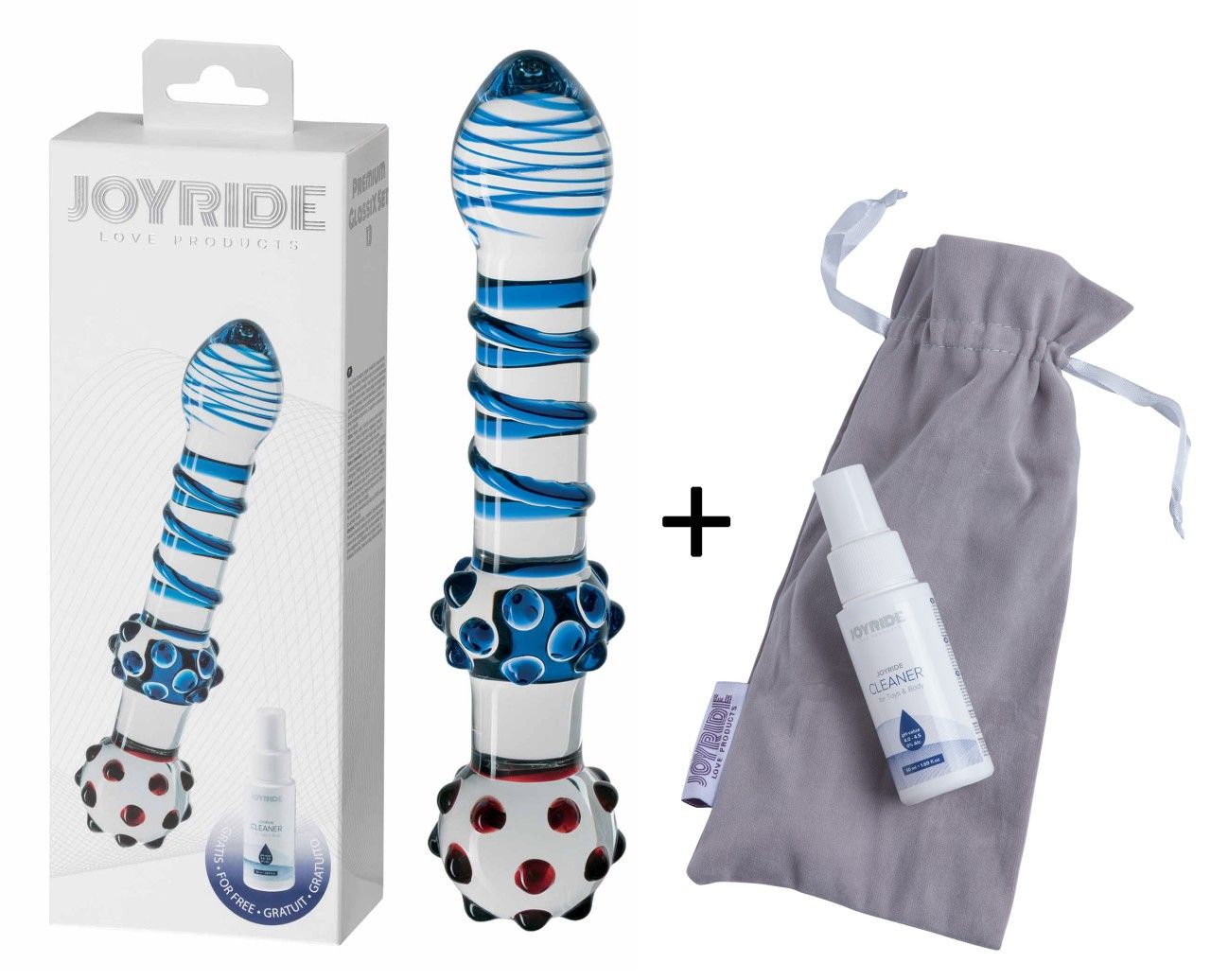 Joyride GlassiX Set 13: Oggetto in vetro con spirali blu e bottoni rossi/blu. Lubrificante e sacchetto portaoggetti inclusi.