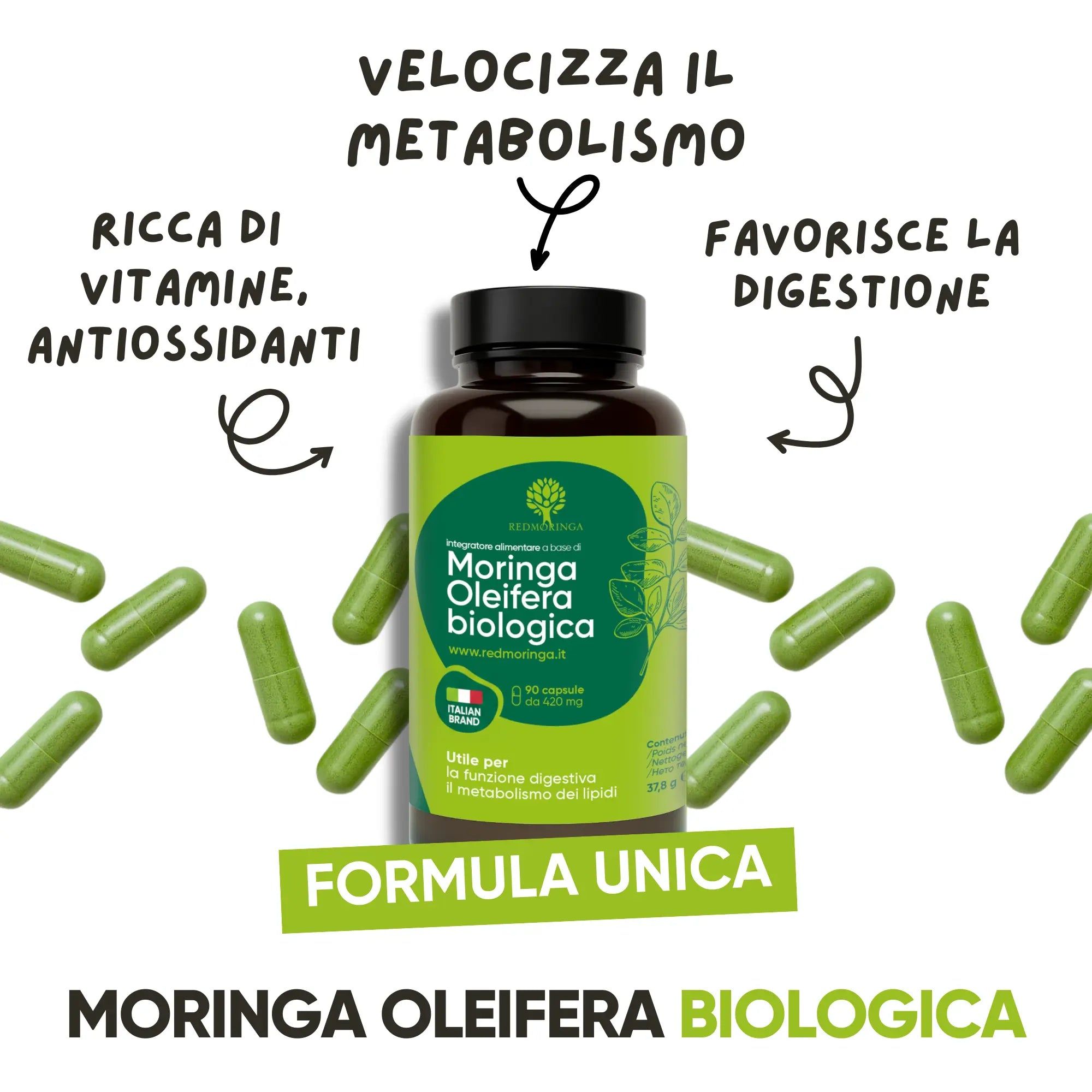 Bottiglia marrone con capsule verdi. Scritta: Moringa Oleifera biologica. Frecce che indicano il testo: Ricco di vitamine, antiossidanti, accelera il metabolismo.