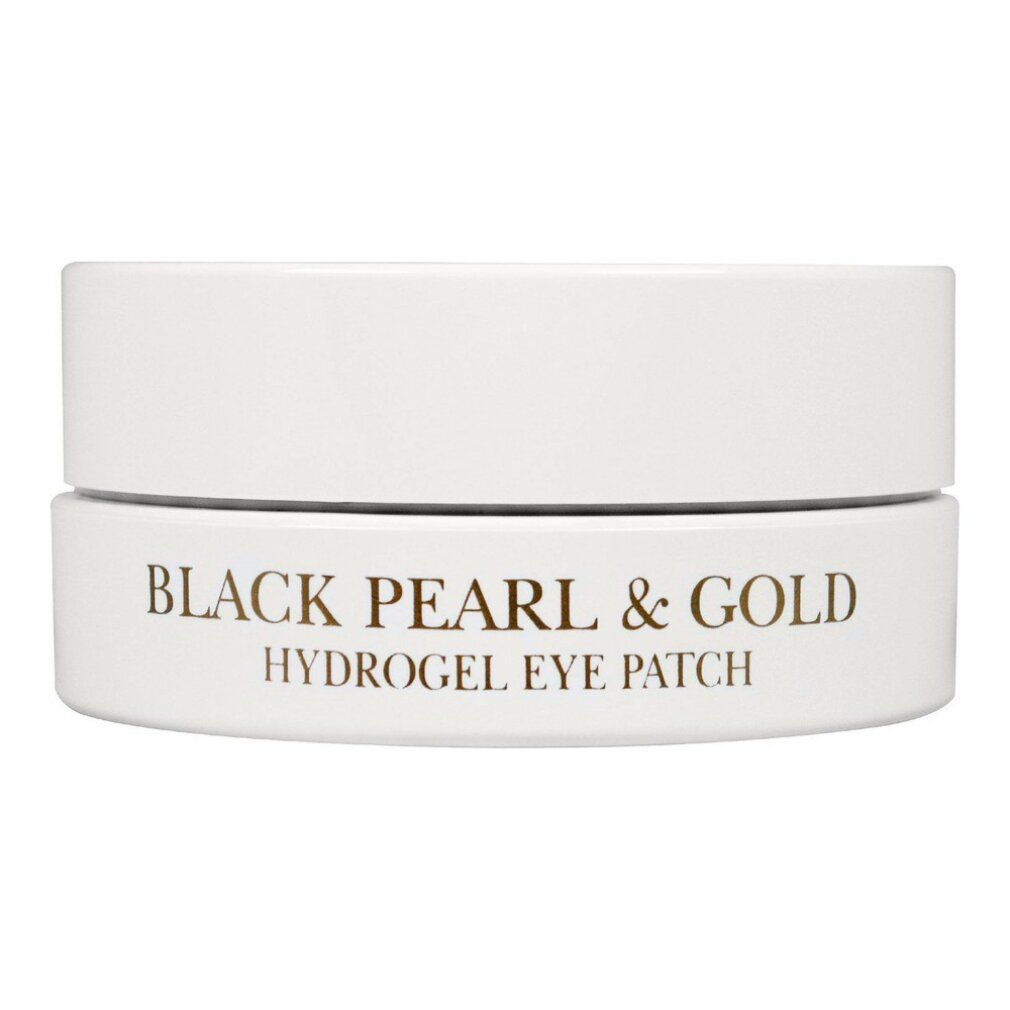 Barattolo bianco chiuso con scritta: Black Pearl & Gold, Hydrogel Eye Patch. Scritta dorata.