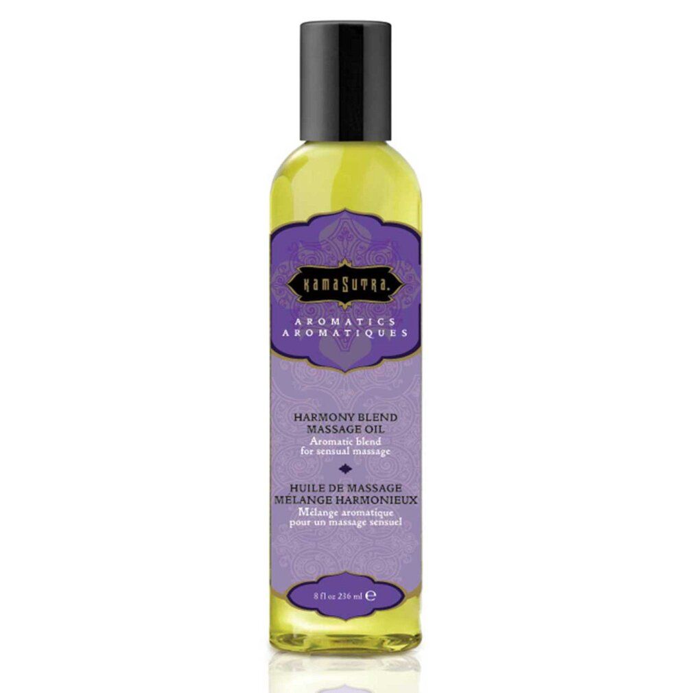 Flacone di olio da massaggio con etichetta viola e tappo nero.