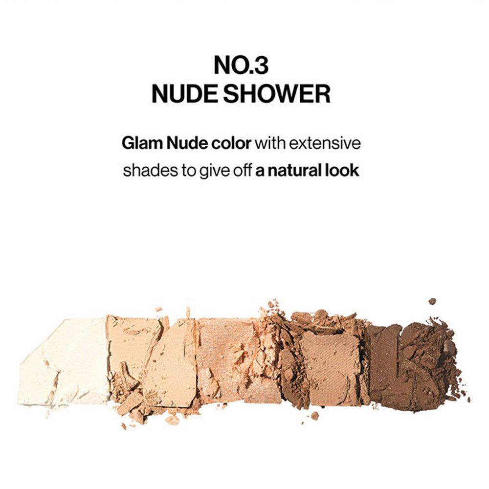 Palette ombretti UNLEASHIA Mood Shower, Nude Shower, con 5 tonalità. Testo con nome e descrizione del prodotto.