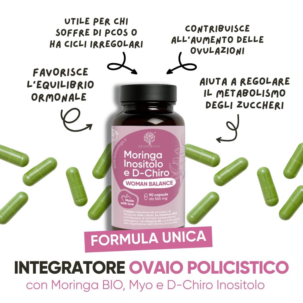 Flacone marrone con capsule verdi. Scritta: Moringa Inositolo e D-Chiro Woman Balance. 90 capsule.