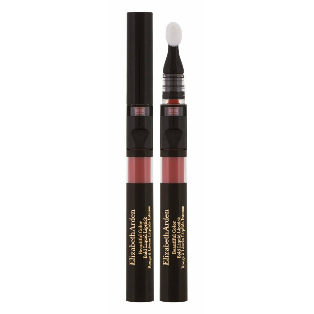 Un rossetto nero aperto con liquido rosso e applicatore. Accanto, una striscia di rossetto rosso. Scritta: Elizabeth Arden.