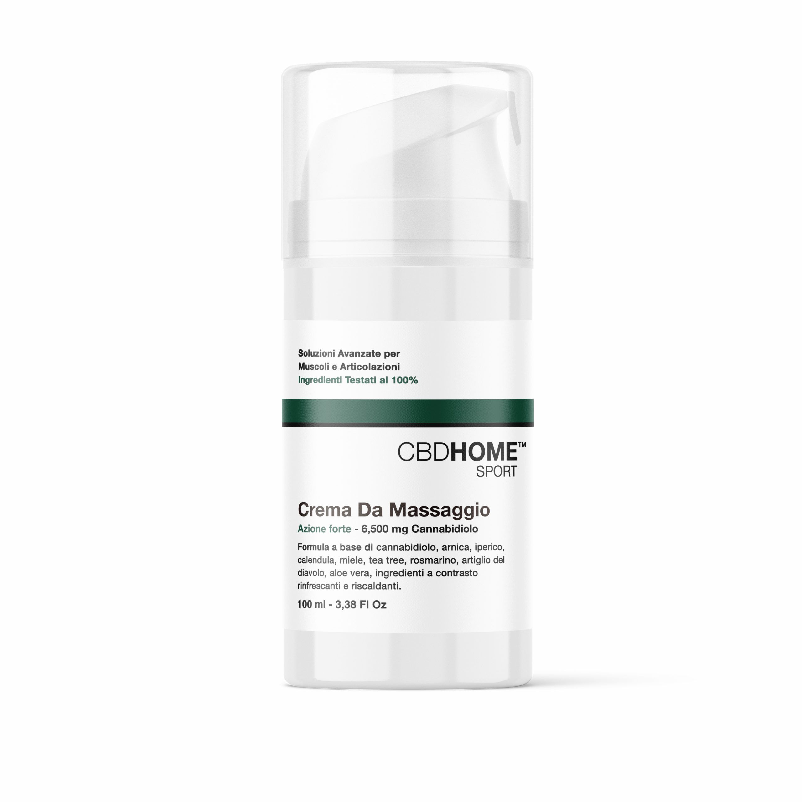 Flacone di crema da massaggio CBDHOME Sport con erogatore a pompa. Contiene 6500mg di CBD. Confezione bianca con accenti verdi.