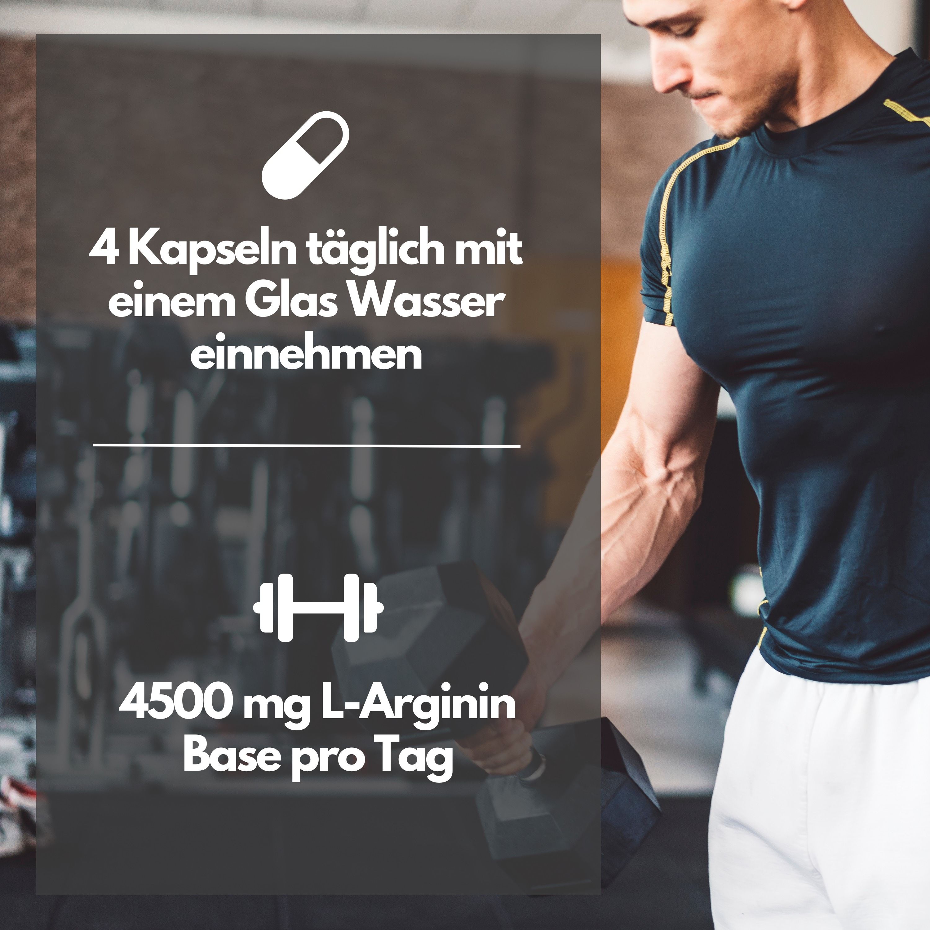 Uomo con manubrio. Testo: Assumere 4 capsule al giorno con acqua. 4500 mg di L-Arginina Base al giorno.