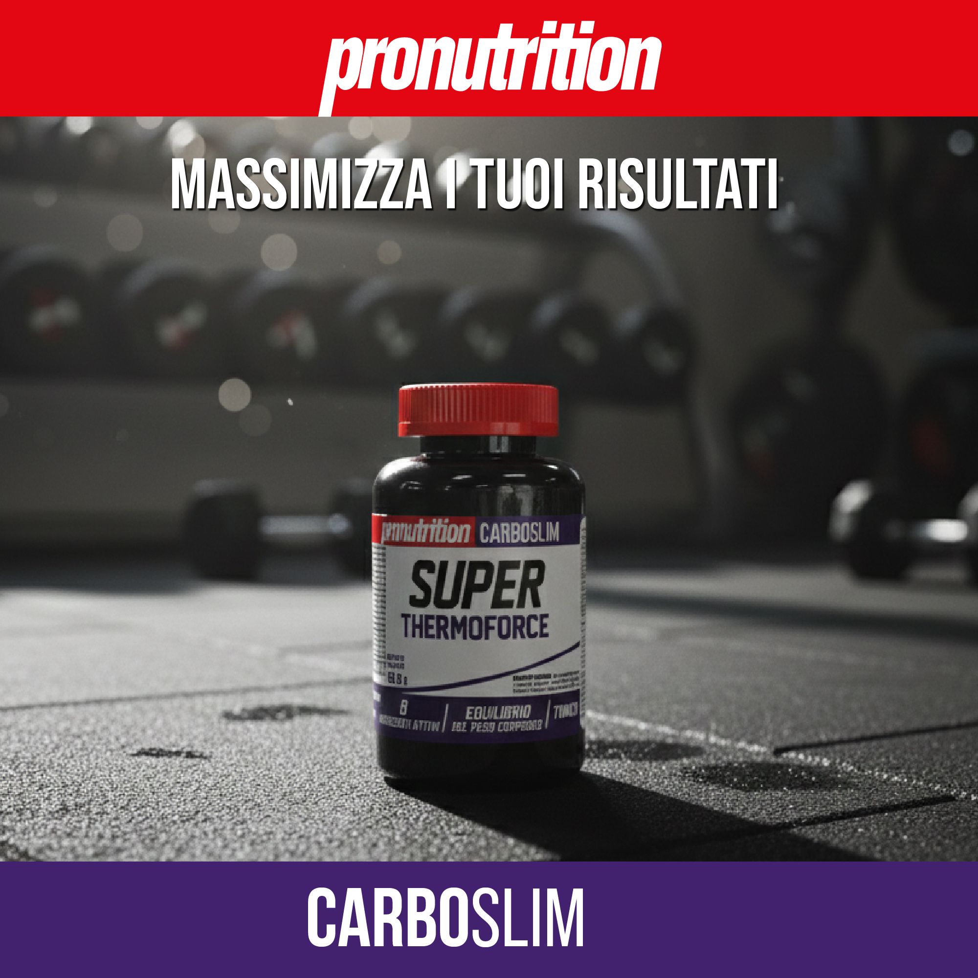 Flacone nero con tappo rosso. Scritta: Super Thermo Force. Sfondo: palestra con manubri.