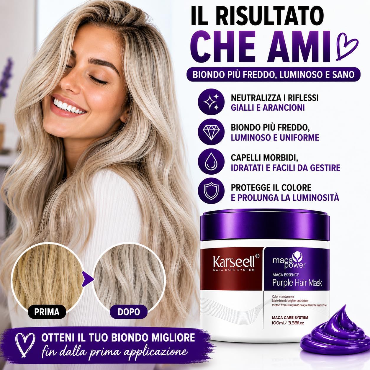 KARSEELL Maschera Capelli Viola Professionale Antigiallo Capelli Biondi Grigi Platino Decolorati