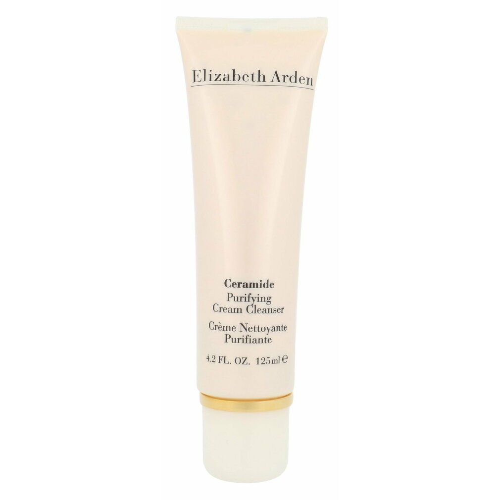 Tubo bianco/rosa con nome del prodotto e del marchio. Testo: Ceramide Purifying Cream Cleanser. Marchio: Elizabeth Arden.