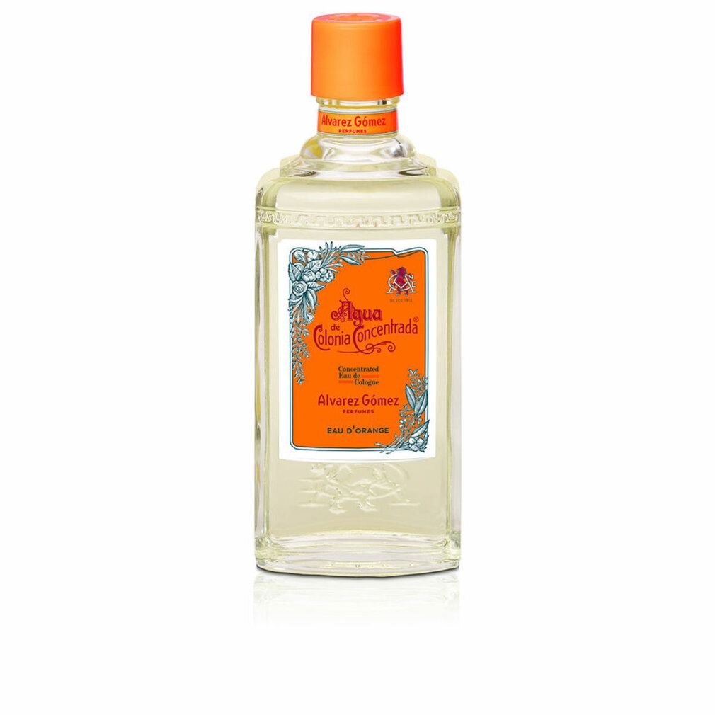 Flacone in vetro con tappo arancione. Etichetta con testo "Agua Colonia Concentrada" e "Eau d'Orange".