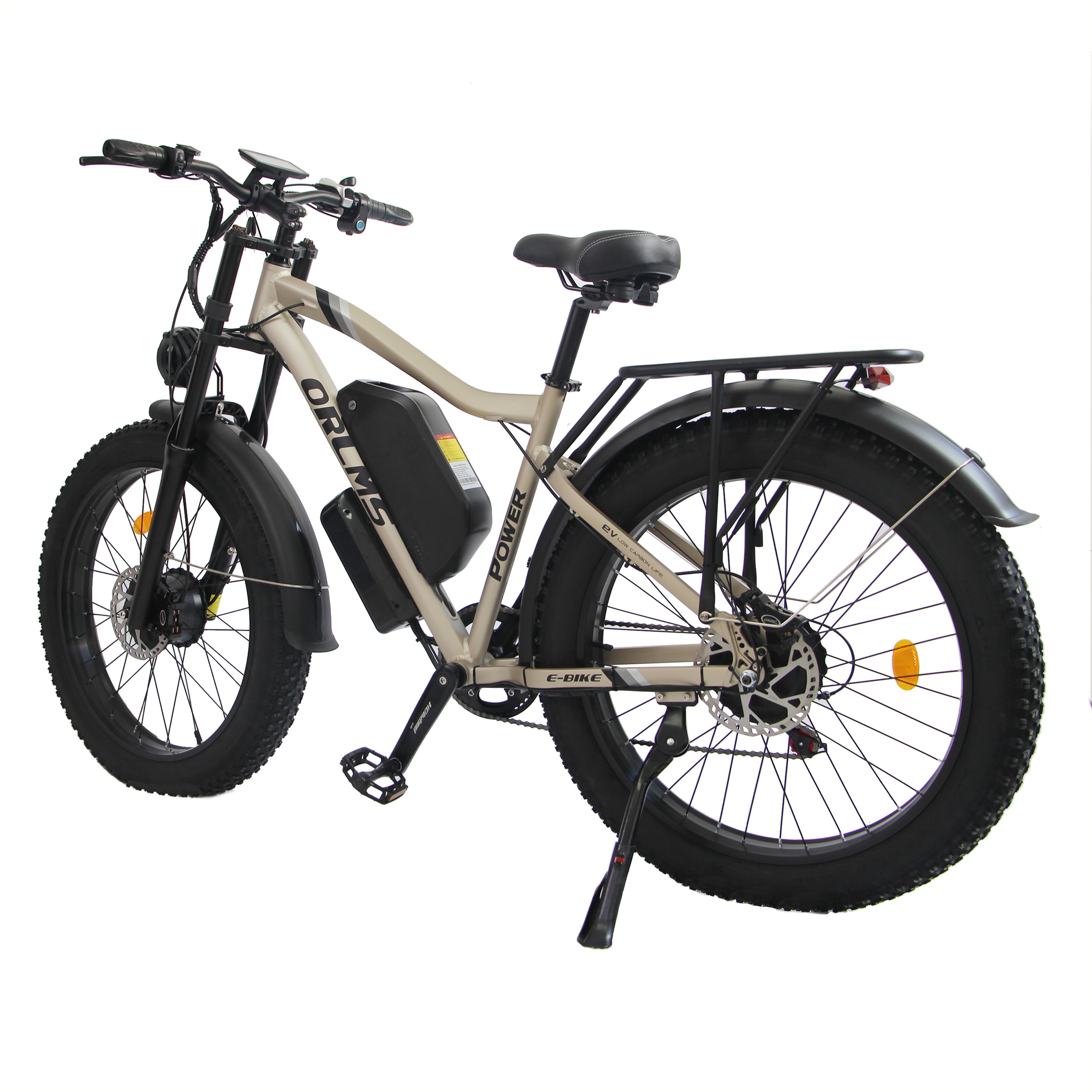 Bicicletta elettrica con pneumatici larghi, portapacchi e batteria. Marchio ORLMS, scritta POWER.