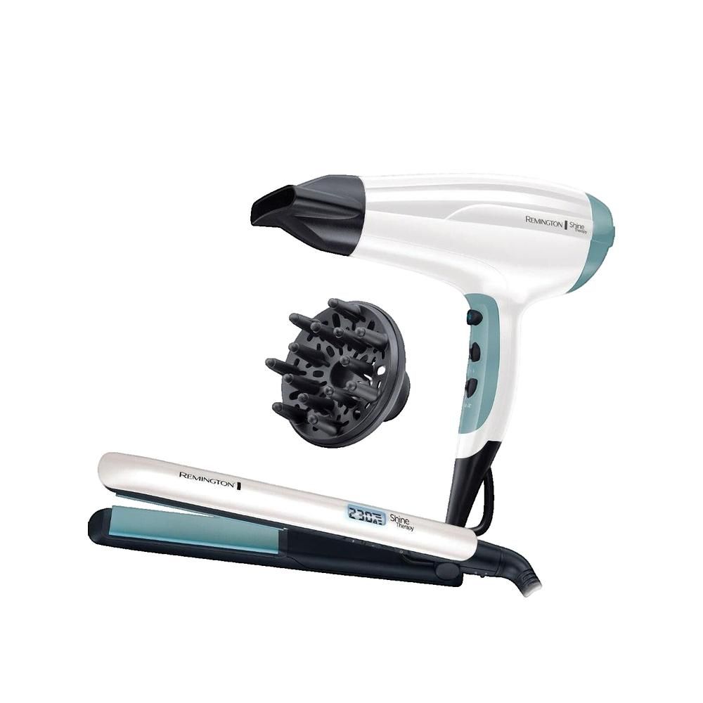 Asciugacapelli, piastra e diffusore. Bianco, turchese e nero. Piastra con display digitale. Logo Remington.