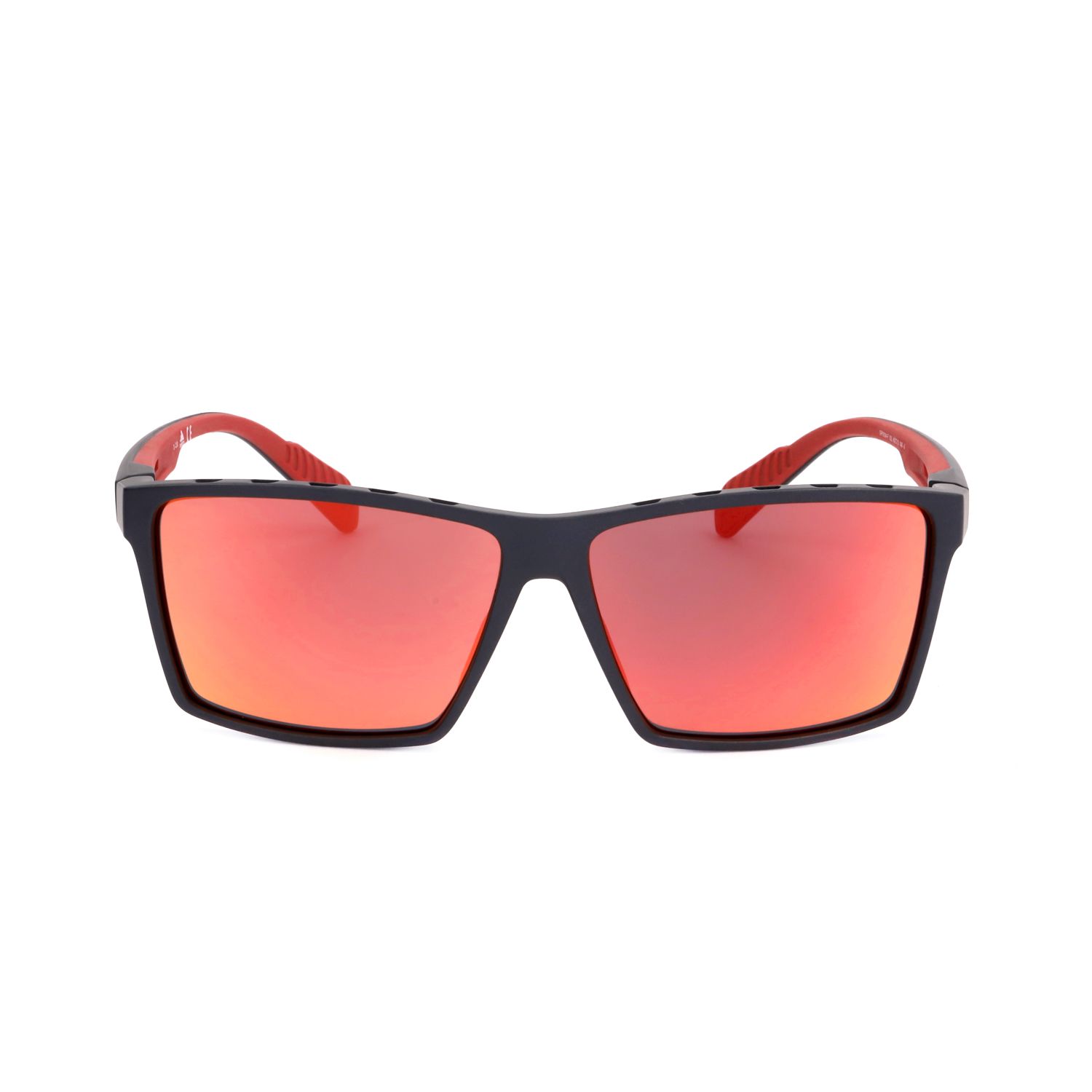 Occhiali da sole blu scuro con lenti a specchio rosse e aste rosse.